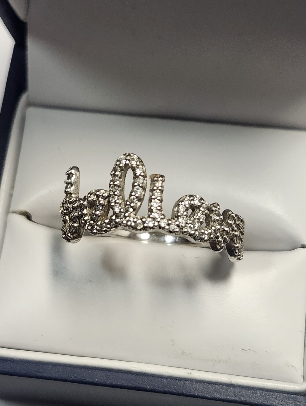 Sterling Silver 'Believe' Script Ring with Pavé Cz Stones - Women Jewelry 9.5